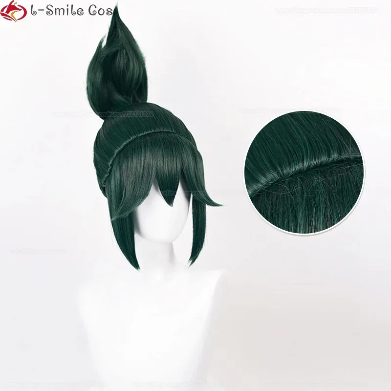 Wig Cosplay Kiriko One-Piece Hair Tail Game OW Kiriko Cosplay 27cm Wig Hijau Tua Perlengkapan Senjata Topeng Jepit Rambut + Wig Cap