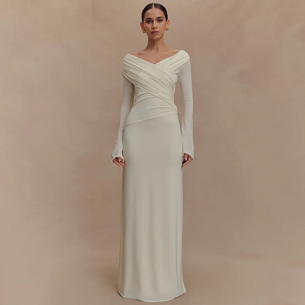 

Elegant White Women Prom Dress Sexy V Neck Full Sleeves Sheath Long Ruffles Party Gown Robe Formal Red Carpet Evening Gown