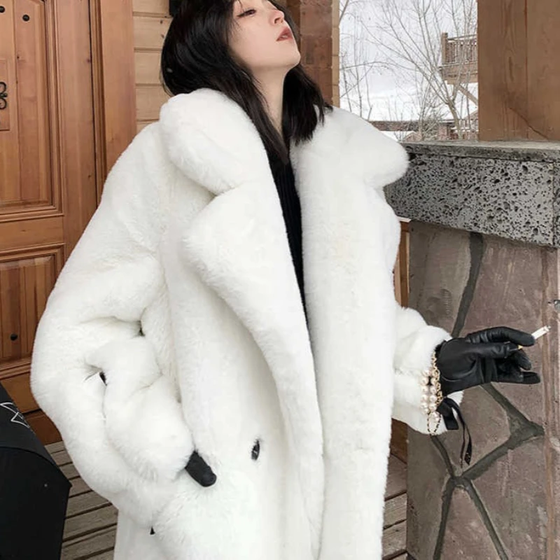 

Faux Mink Fur Coats Women Long Fur Jackets Solid Pocket Lapel Collar Long Sleeves Single Button Loose Casual 2025 Autumn Winter