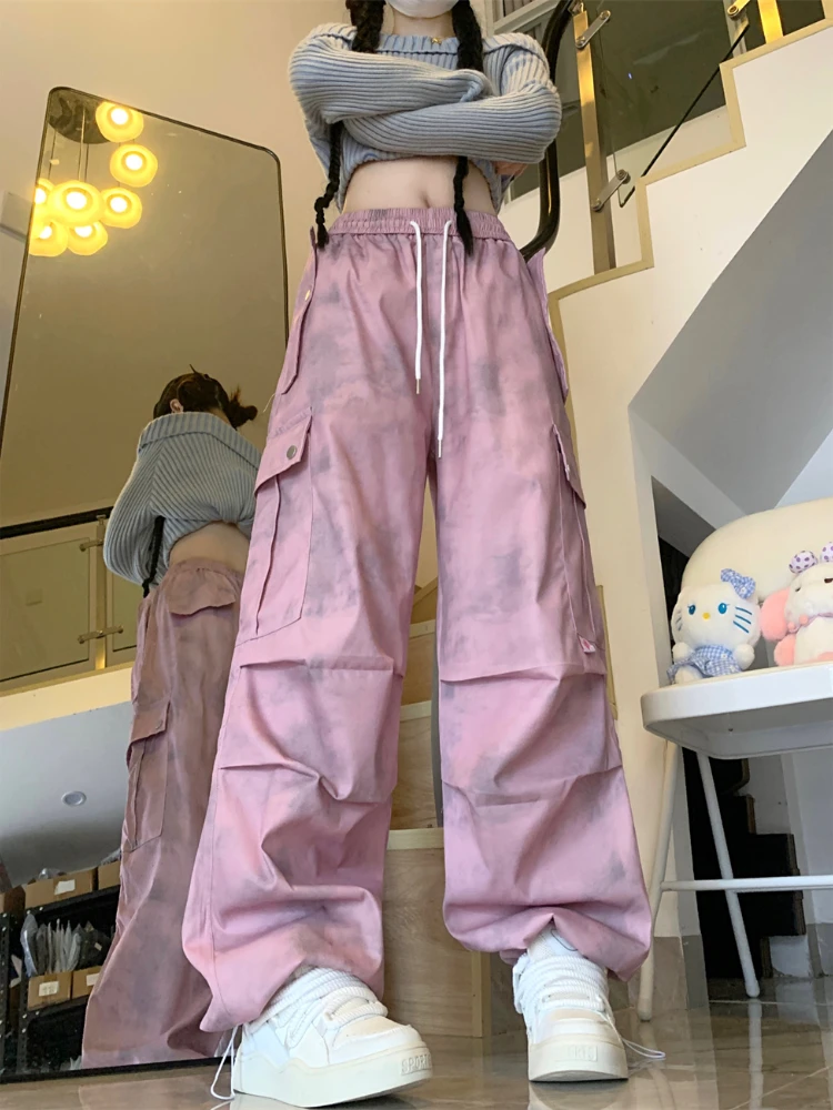 Tie Dye Pants Women Baggy High Waist Cargo Trousers Autumn All-match Folds Pockets Fashion Design Quick Dry Korean Style Girls