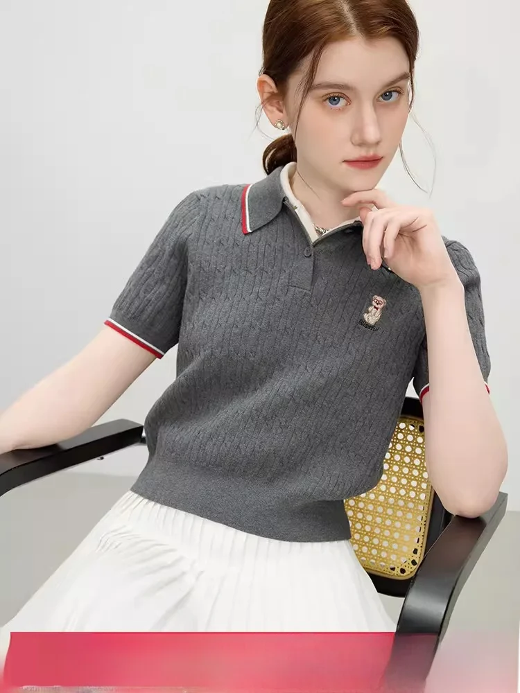 

Новинка: Женская модная хлопковая рубашка с V-образным вырезом, вязаная, с вышивкой медведя, в стиле колор-блок, приталенная, в университетском стиле, летняя