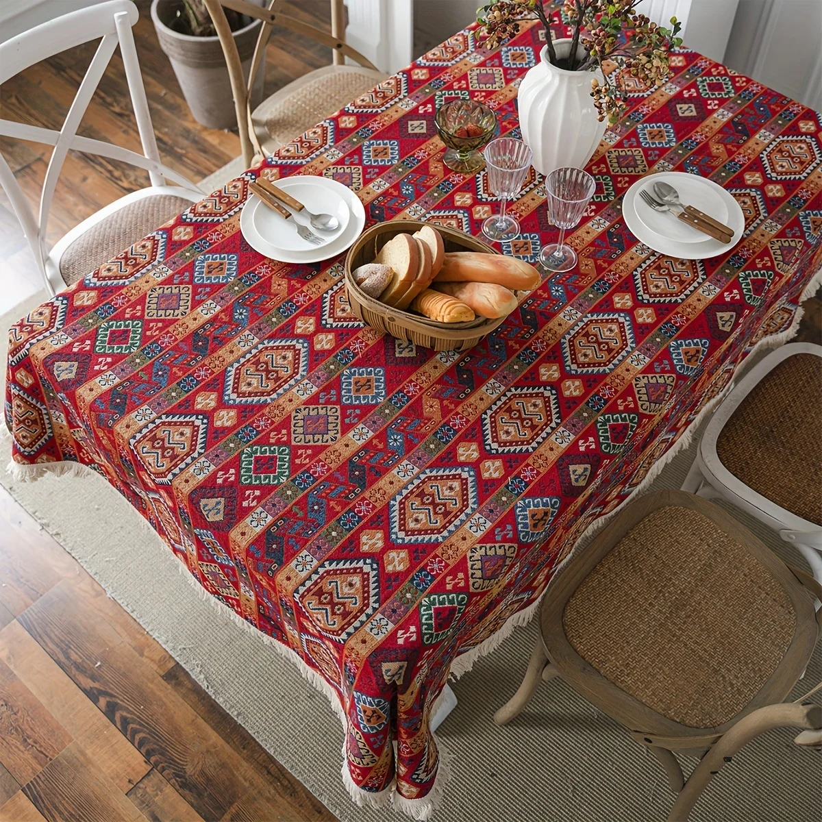 1pc Red Paisley Christmas Tablecloth - Thick Machine-Made Adhesive Vinyl Holiday Dining Table Cover for Festive Decor