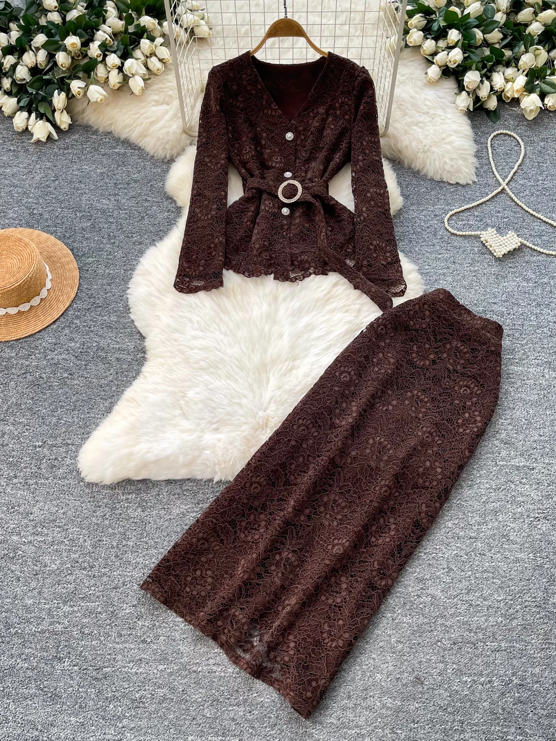 Lace Top And Skirt Set Women's Commute Style Tie Waist Autumn Fashion Two Piece Set Breathable Polyester Fiber High Waist
