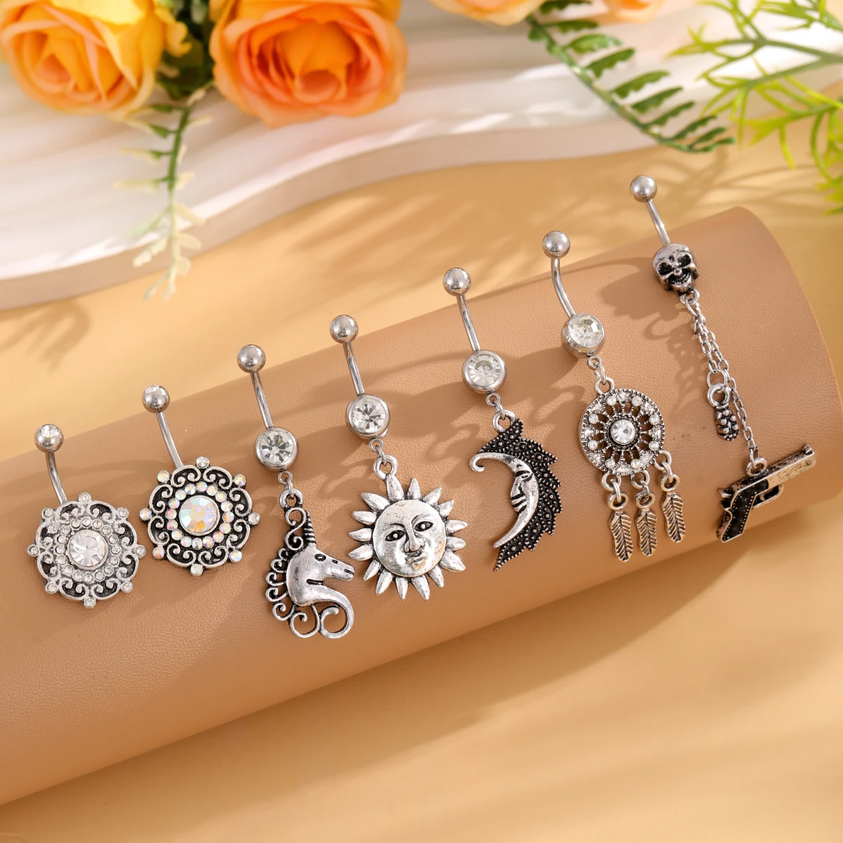 1pcs Vintage Skull Gun Dangled Belly Button Rings Stainless Tassel Sun Moon-Shaped Curved Belly Piercing Ombligo 14G Navel Ring