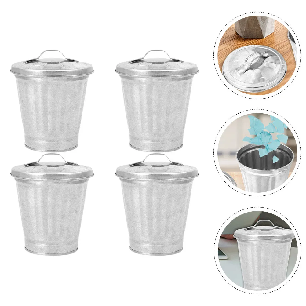 

4 Pcs Trash Can Lidged Office Small with Indoor Galvanized Iron Garbage Mini Cans