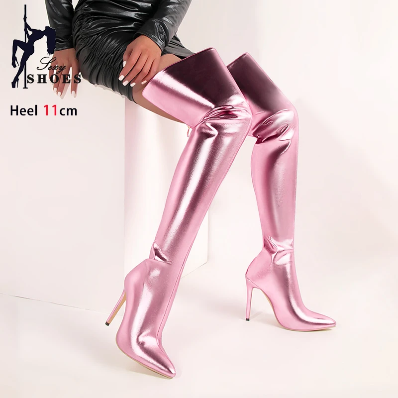 

Women Pointed Toe Thigh High Boots Stage Show Back Zipper Heels Over The Knee Boots 2024 Autumn Winter Female Shoes Plus Size 46
