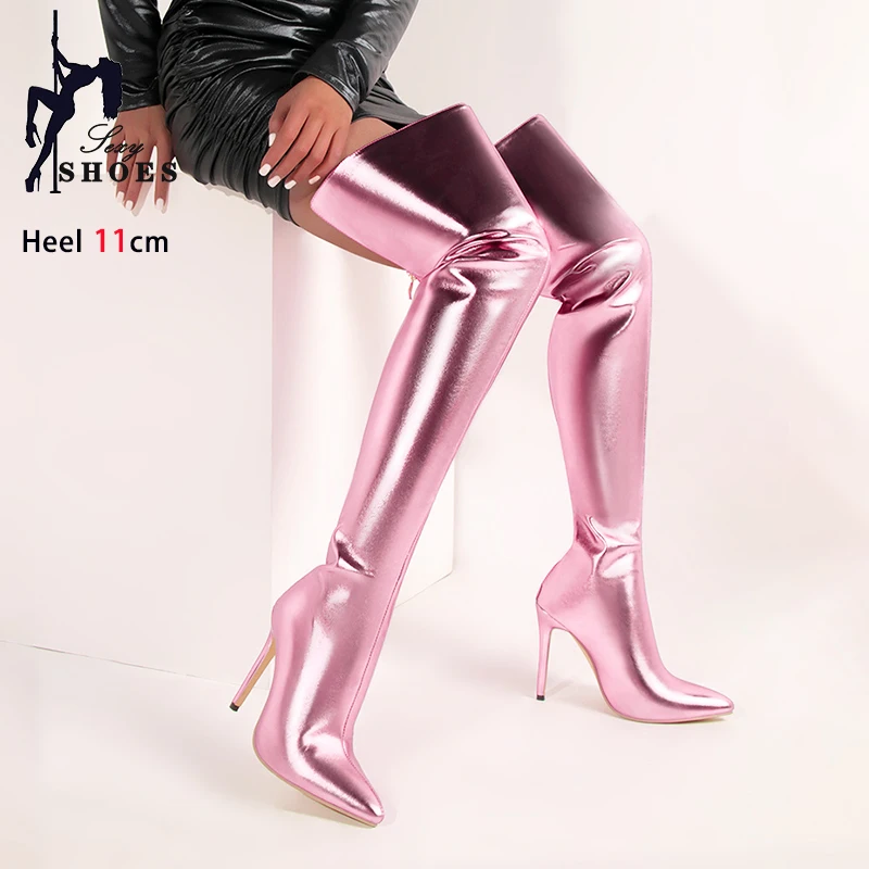 Women Pointed Toe Thigh High Boots Stage Show Back Zipper Heels Over The Knee Boots 2024 Autumn Winter Female Shoes Plus Size 46