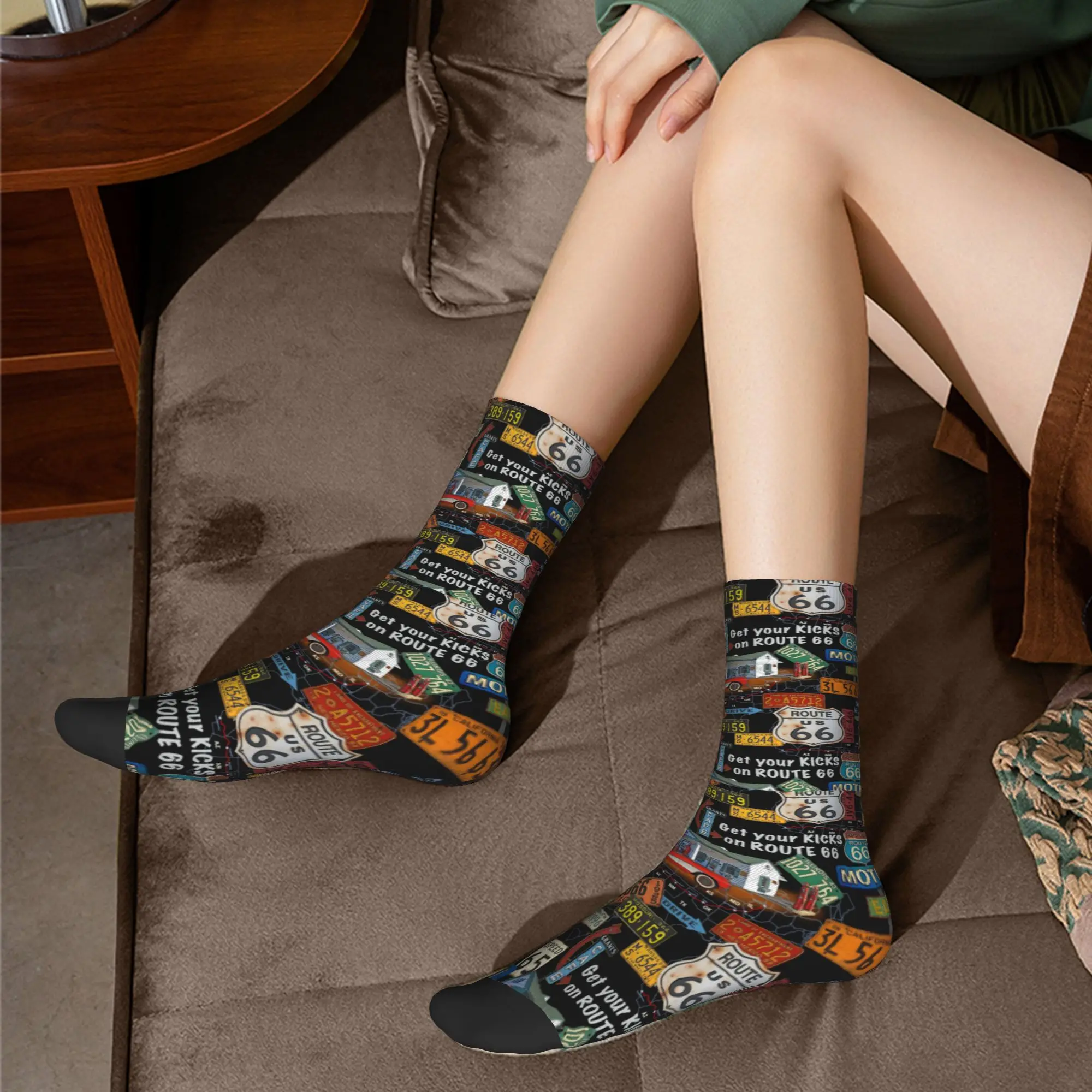 Custom Fashion Vintage America Road Route 66 Socks Men Women Warm 3D Print  Basketball Sports Socks view 6