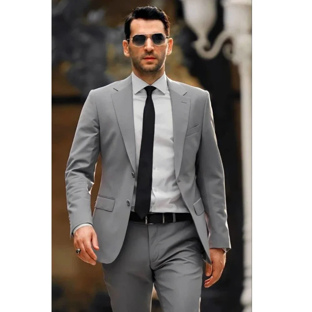 

Formal Men's Suits Grey Casual 2 Piece Jacket Pants Slim Fit Single Breated Notch Lapel Elegant Full Set Business Costume Homme