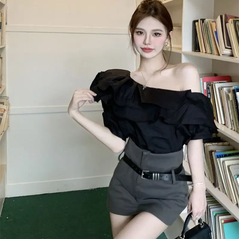 New Black Ruffles Patchwork Short Sleeve Blouse Summer New Solid Off Shoulder Y2K Shirt Tops Sexy Fashion Trend Women Clothing