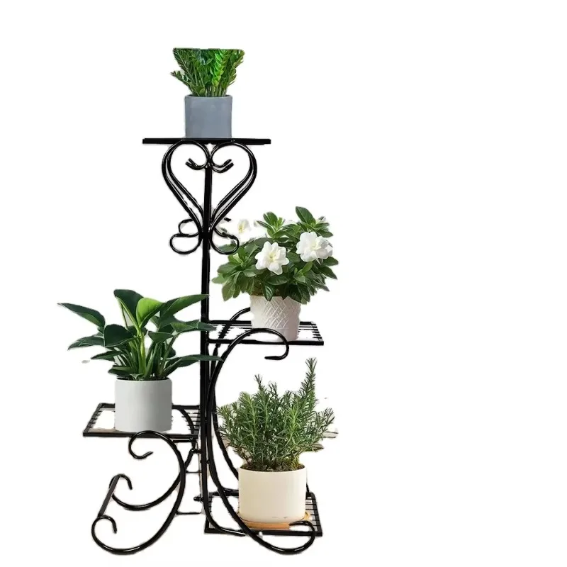 4-Tier Black Metal Indoor Plant Shelf with Flower Box - Multi-Functional Bookcase & Bookshelf for Home Use