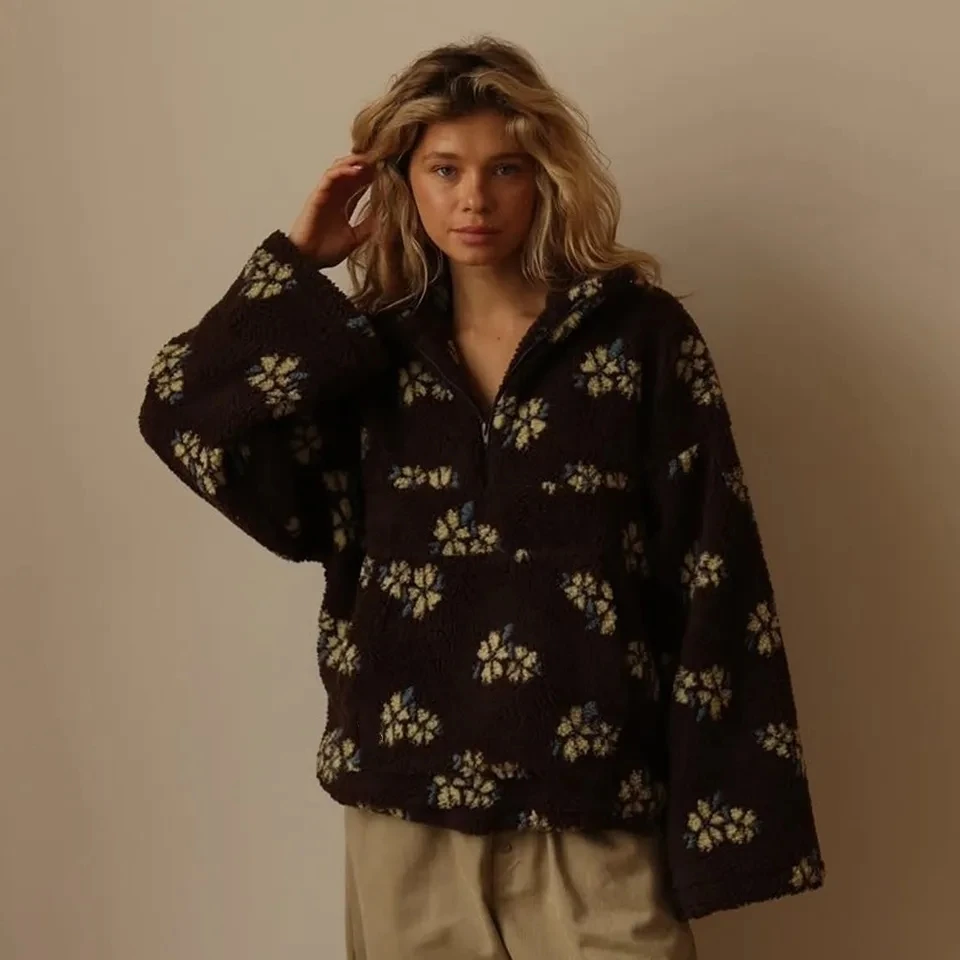 

Fashion Polar Fleece Flower Women's Sweatshirt Coat Autumn Winter New Fashion Sweatshirt Warm Furry Sweatshirt Female Pullover