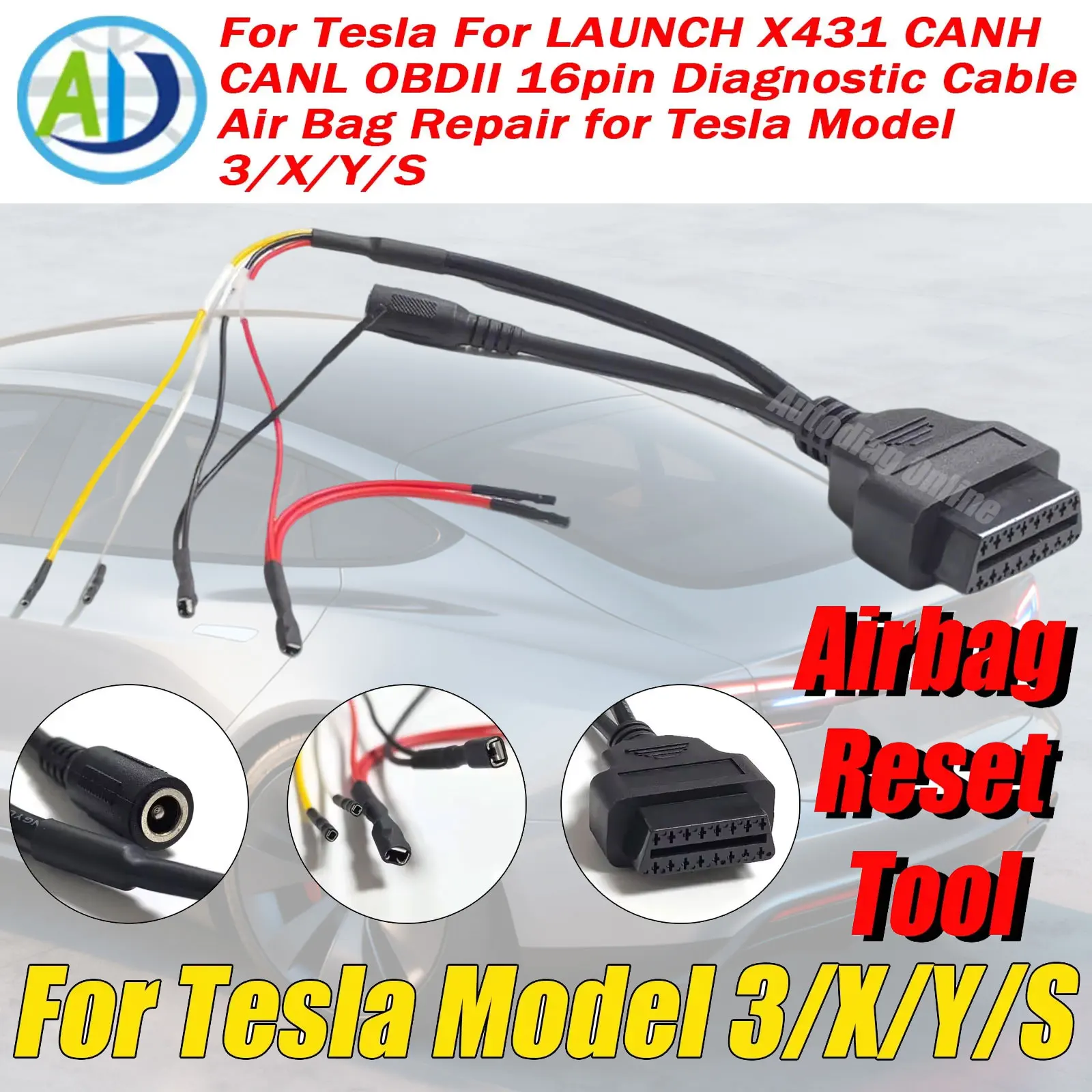 OBD2 Adapter Cable For Tesla Model 3/X/Y/S Airbag Reset Tool For Tesla For LAUNCH X431 CANH CANL Scanner OBDII Diagnostic Cable