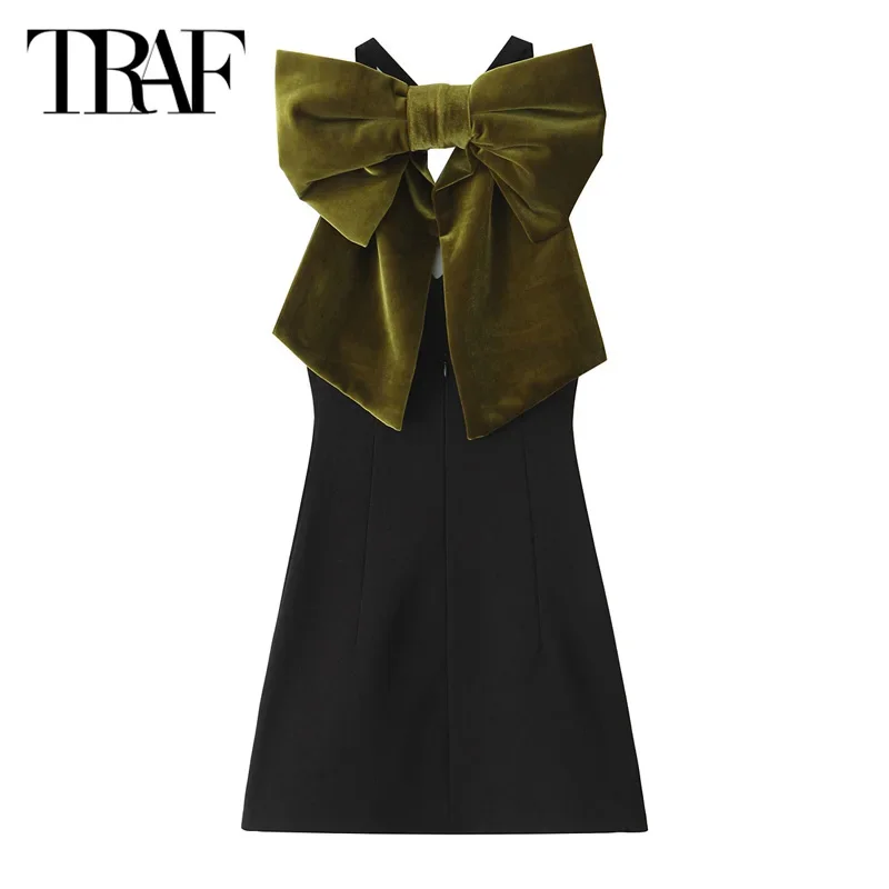 TRAF 2024 Women Slip Short Dresses Ladies Black Butterfly Mini Dress Summer Autumn Elegant Party Dresses Bow Backless Dresses