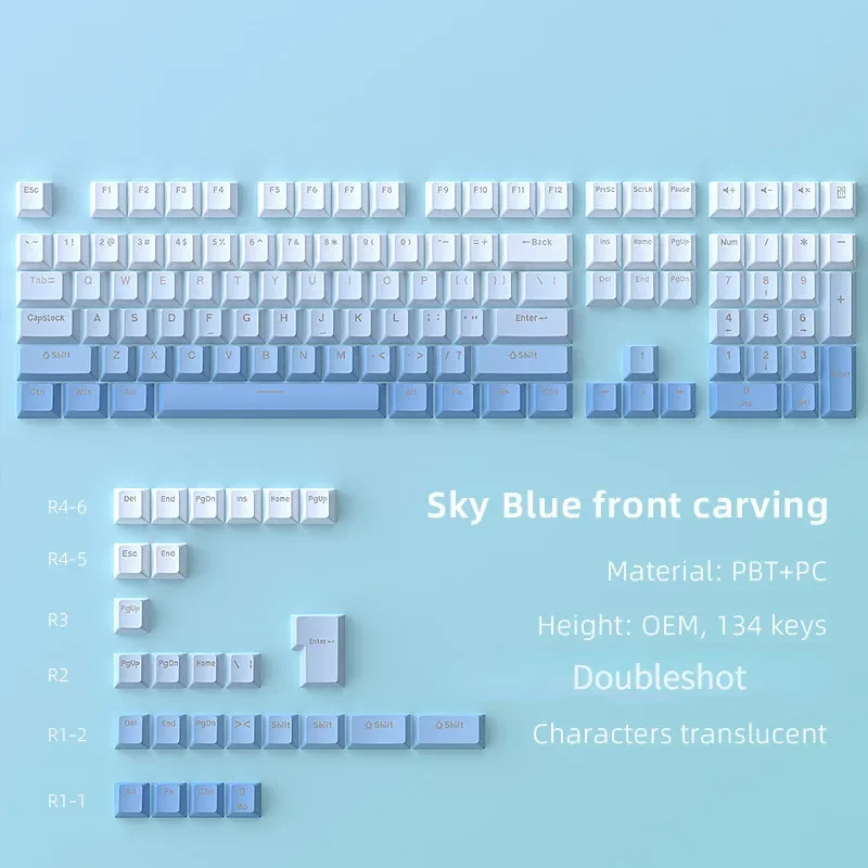 Sky Blue Shine Through Keycap PBT Doubleshot OEM Profile for All MX 61% 66% 98 %100% 108% Mechanical Keyboard