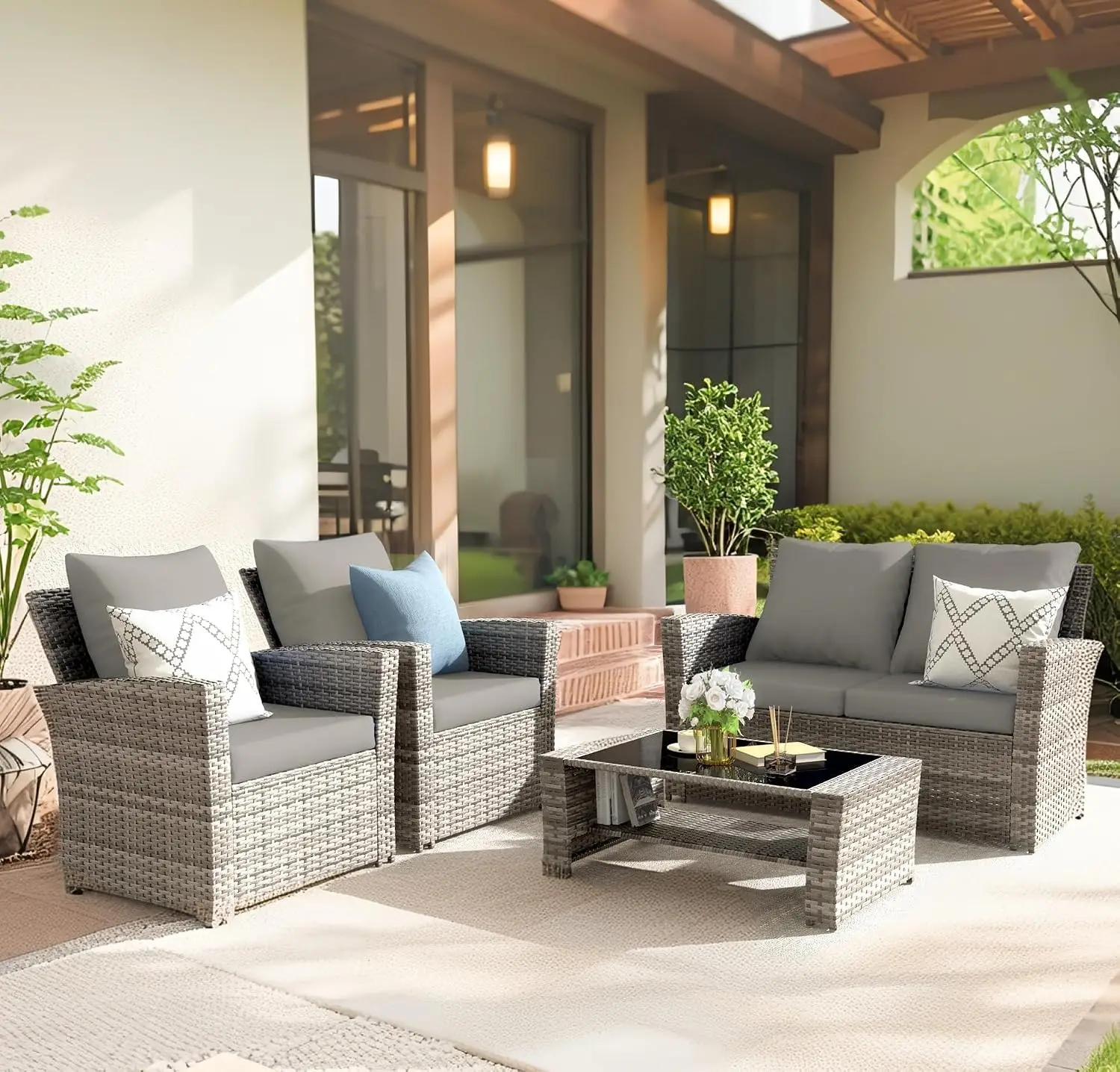 PE Wicker Outdoor Sectional Sofa Set Waterproof Cushions All-Weather Patio Furniture Balcony Garden, Customized