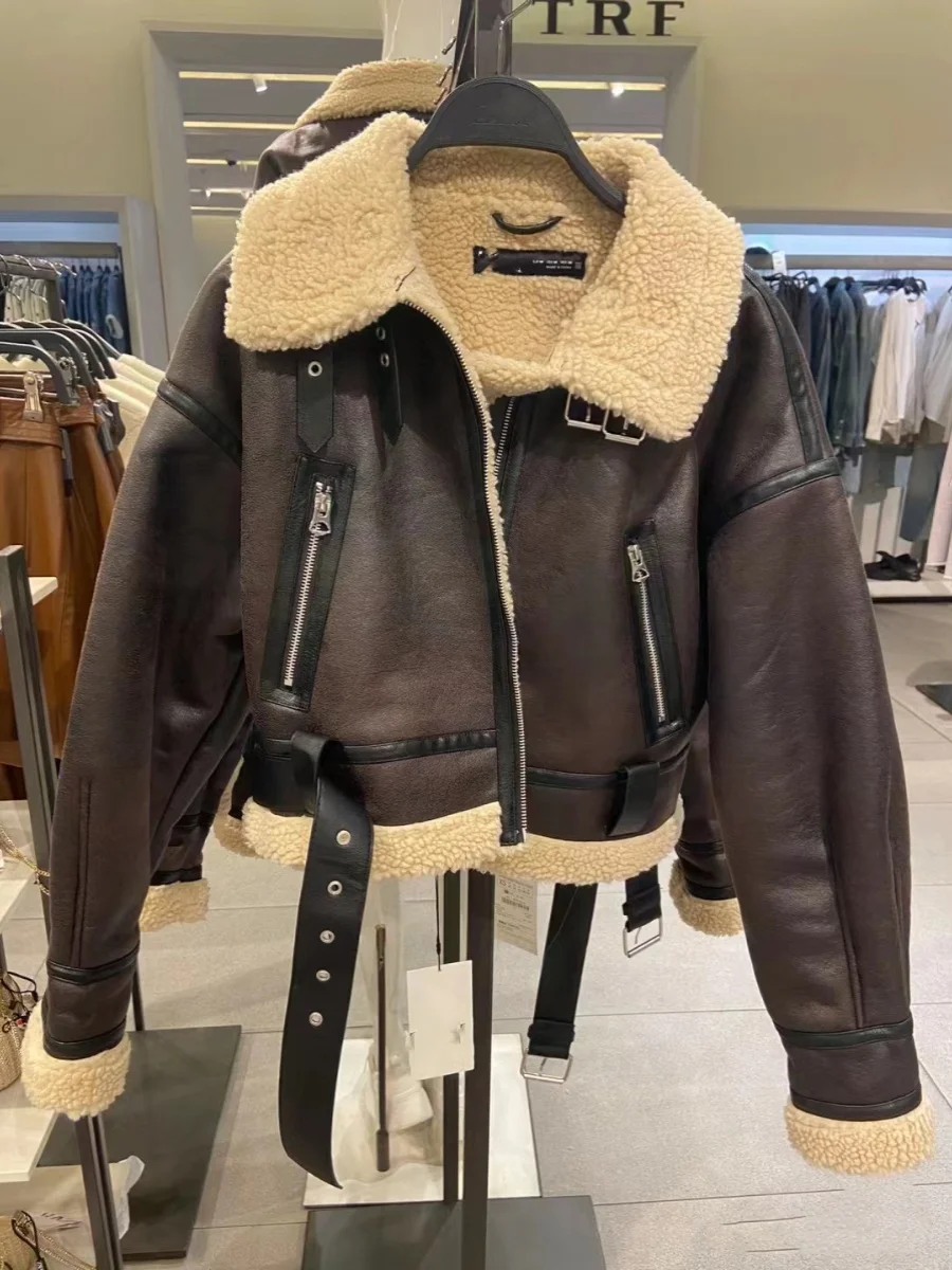 Double-Sided Lamb Fur Biker Sle ort Jaet Women's Inteated Leather And Fur Autumn Winter New Arrival Commute Sle Loo...