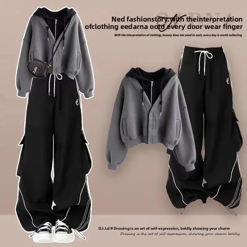 ربيع الخريف فضفاض طالب هوديي سترة وسراويل مجموعة قطعتين فرقة تنوعا لباس غير رسمي نمط الشارع مريح #1