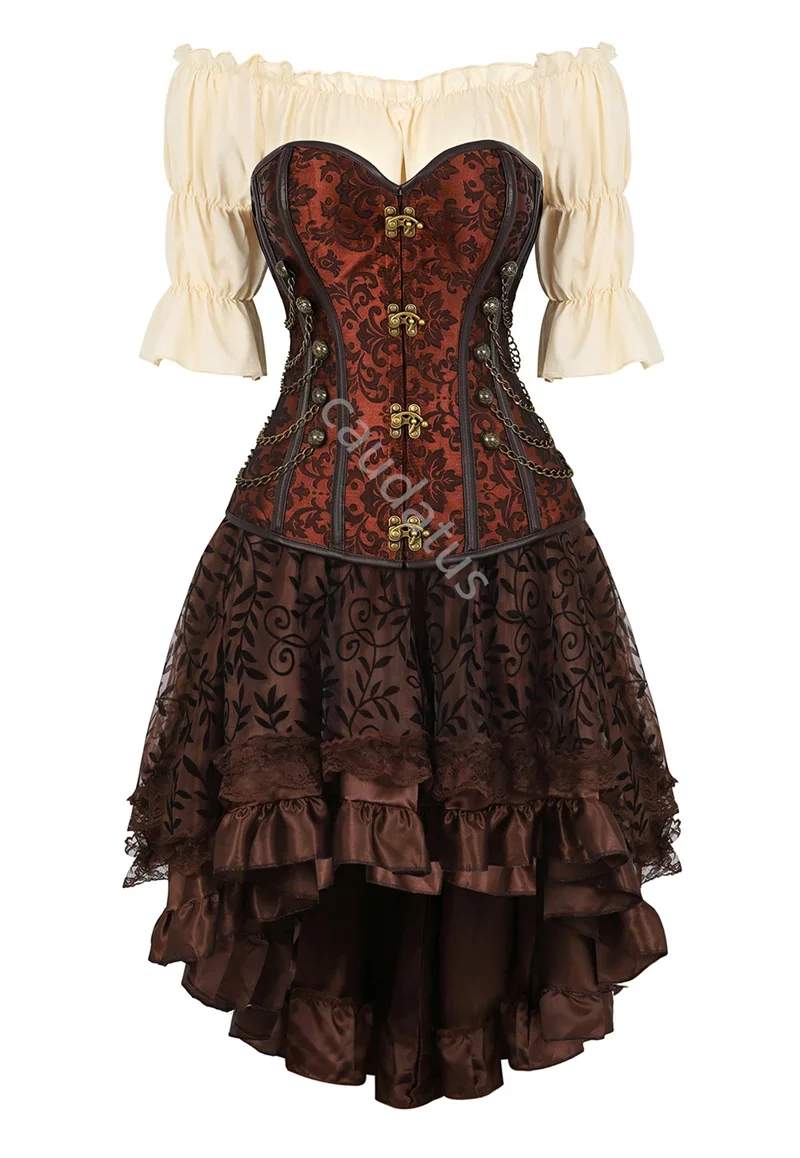 Corset Dress 3 PCS Top Skirt Set Steampunk Bustier Sexy Plus Size Vintage Gothic Punk Burlesque Pirate Costume Brown Halloween