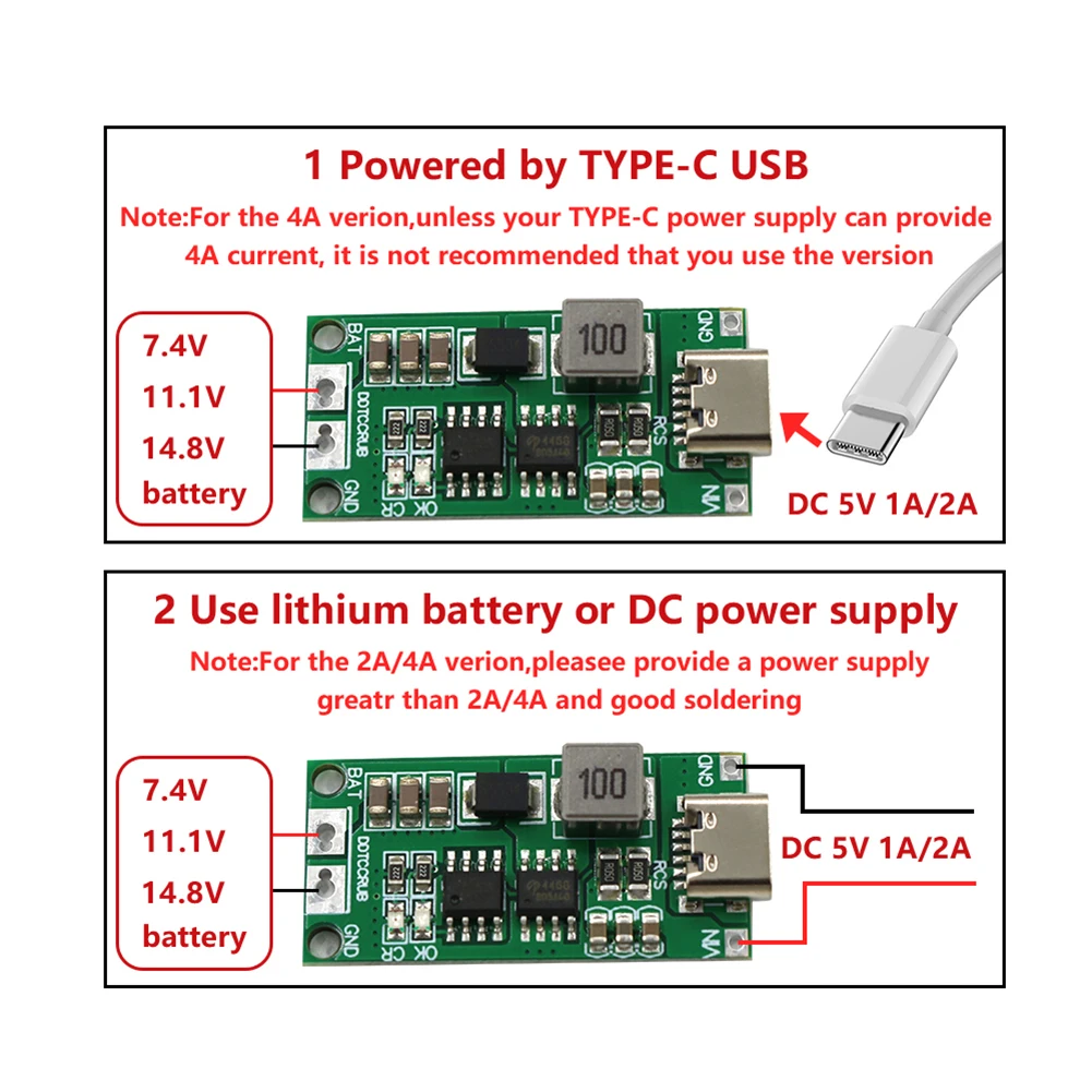 

2S 4A Step-Up For Boost For LiPo Polymer Li-ion Charging Board USB-C To 8.4V 12.6V 16.8V Battery Module For Portable Electronic