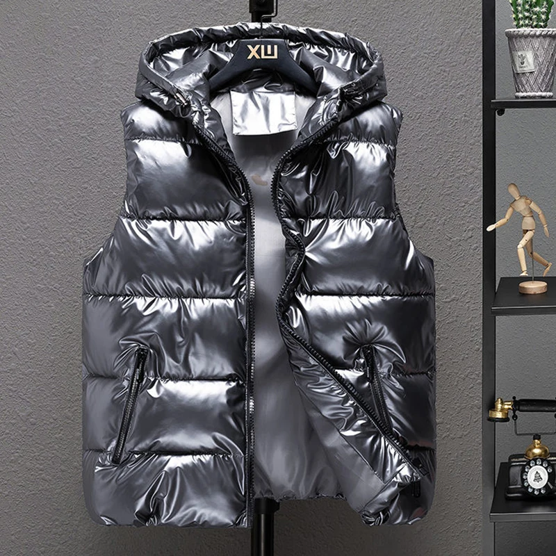 Gilet à capuche brillant pour femme, manteau en fibre rembourré en coton glacé, gilet optique imperméable pour femme, hiver, nouveau, 2023