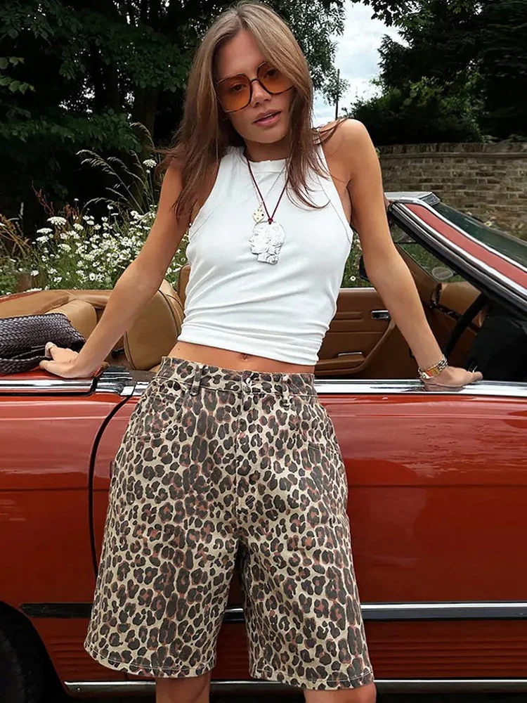 

Женские повседневные прямые брюки Slim Fit из 100% хлопка с леопардовым принтом, низкой посадкой и длиной до колена