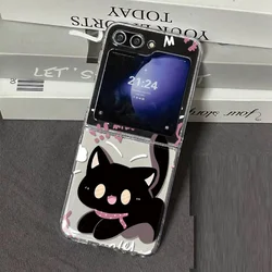 Funny Cartoon Black Cat Phone Case For Samsung Galaxy Z Flip 6 7 ZFlip5 5G Transaprent Clear Cover For Samsung ZFlip4 Z Flip3