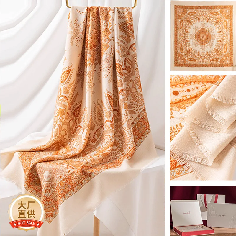 New Women's Wool Scarf Vintage Printed Square Sunshade Warm Bib Shawl Dual-Use Decorative