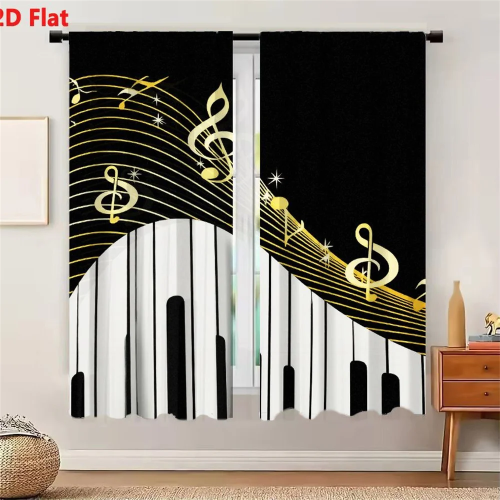 2Pcs Curtains 2D Flat Golden Musical Staff With Treble Clefs And Piano Keyboard Design On Black Background Window Drapes for Bed