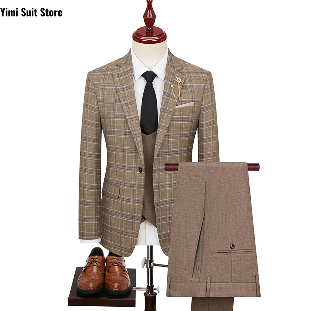 Tan Plaid Men's Suits 3 Pieces Notched Lapel One Button Business Office мужской свадебный костюм Jacket+Vest+Pants Customized