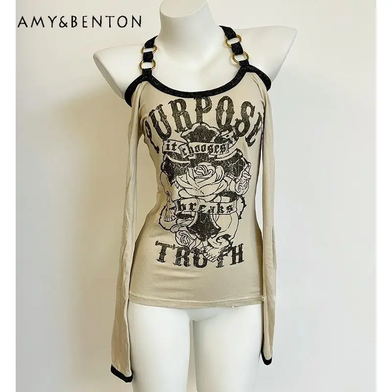 

Autumn New Sexy Hot Girl Printed Long Sleeve Women's Top European American Retro Off-Shoulder Backless Y2K Design T-Shirt Ladies