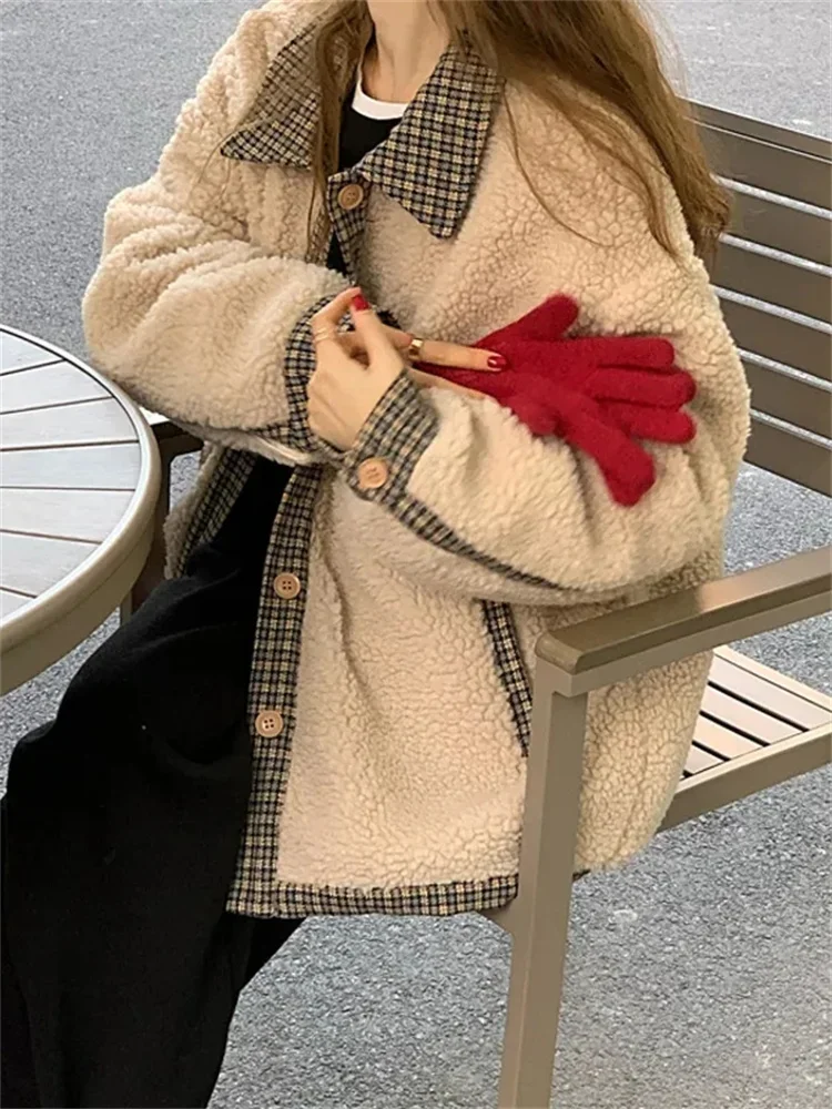 Women's Winter New Korean Version Loose Thick Double-layer Cotton Jacket Rretro Checkered Splicing Imitation Wool Jacket KX109