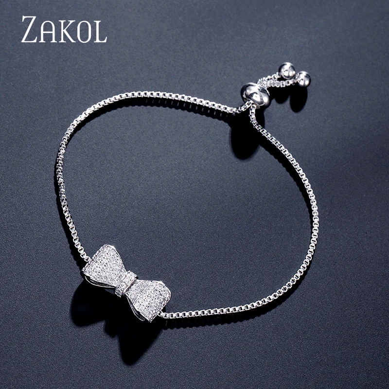 ZAKOL Fashion Bow Zirconia Crystal Regulowana bransoletka i bransoletka dla kobiet Brilliant CZ Party Jewelry