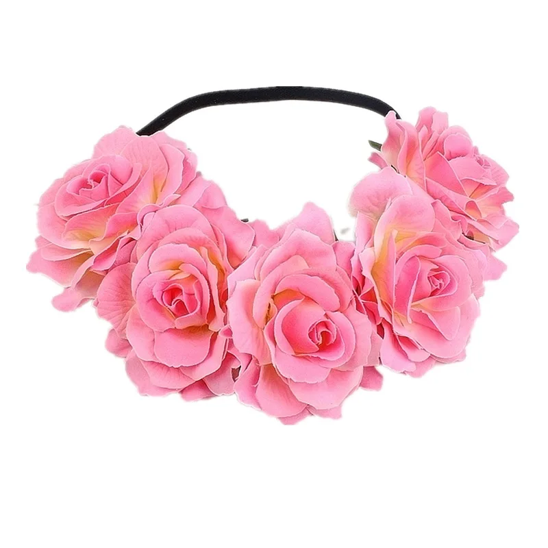 Diademas de corona de flores rosas, diadema elástica hawaiana para mujer, guirnalda Floral para fiesta, Festival, guirnalda para el cabello, tocados de boda