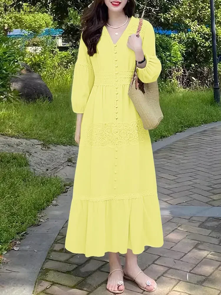 ZANZEA Autunno Elegante Abiti Da Festa Delle Donne 3/4 Manica Lanterna Con Scollo A V Casual In Pizzo Maxi Vestito Estivo Lungo Solido Vacanza Robe Femme