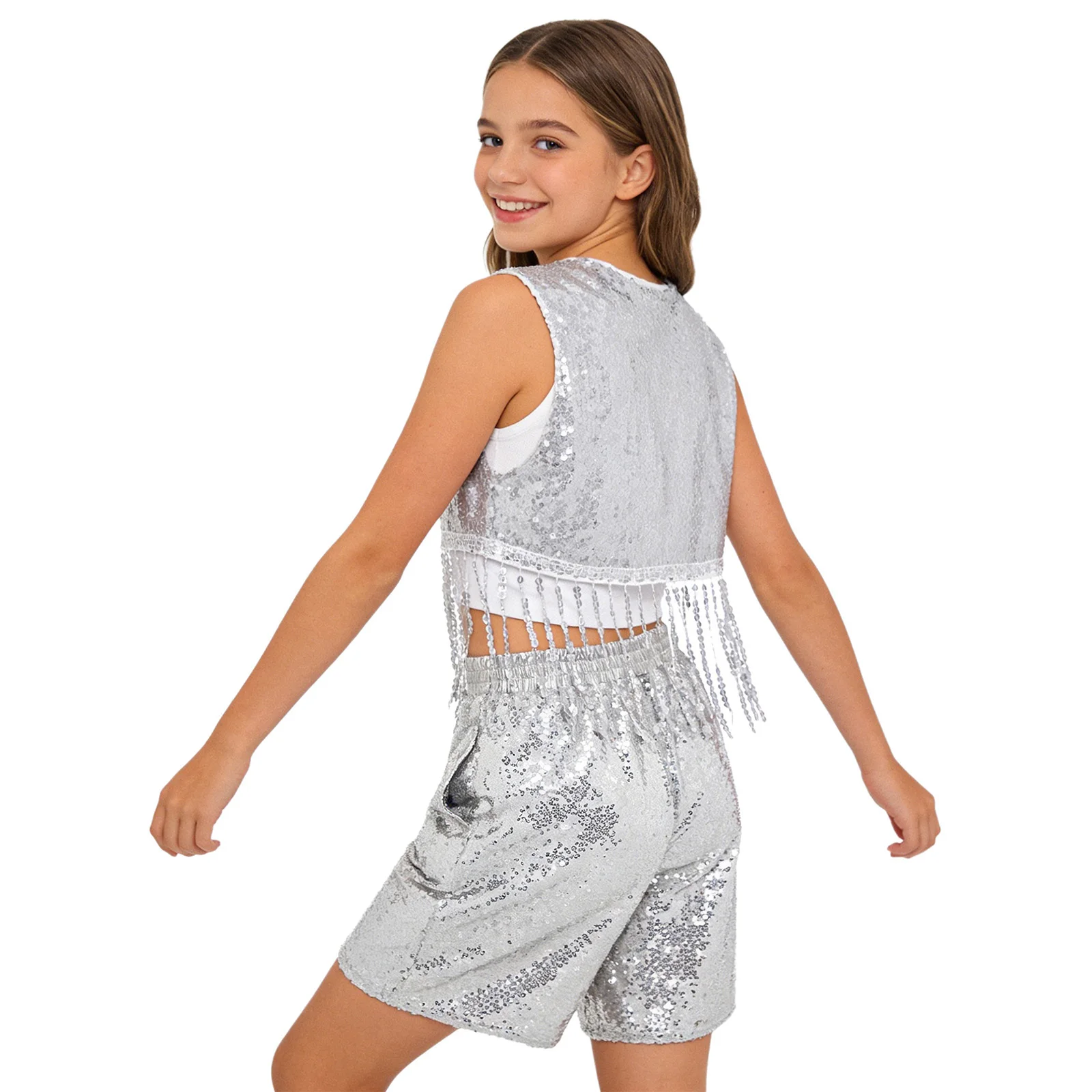 Kids Boys Girls Metallic Jazz Dance Outfit Sequin Sleeveless Tiered Tassel Vest And Shorts Disco Party Stage Performance Costume