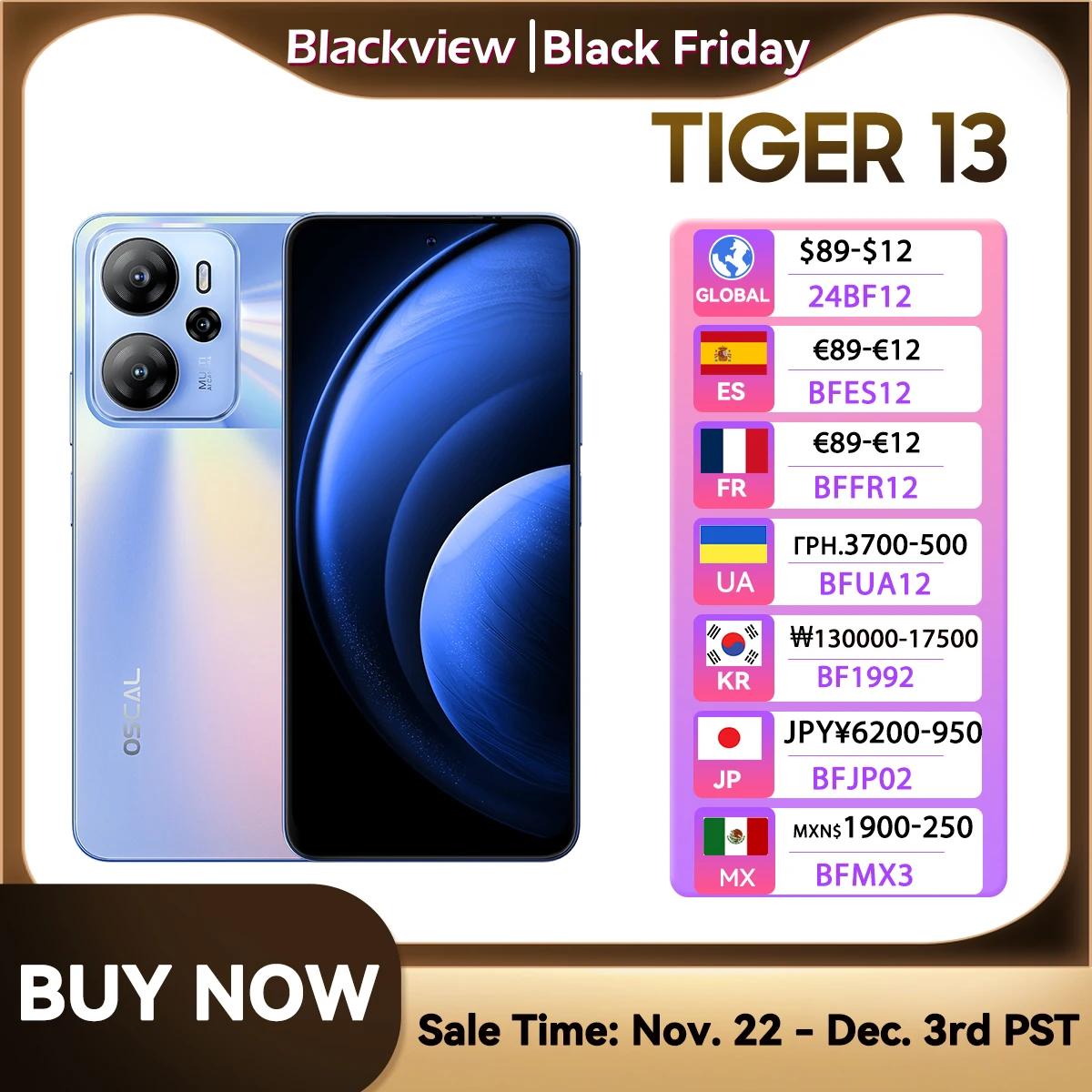 [العرض الأول في العالم] هاتف Blackview OSCAL TIGER 13 5G الذكي بشاشة 6.67 بوصة، T760، 8GB+256GB، هاتف محمول بكاميرا AI بدقة 50 ميجابكسل وبقدرة 5000 مللي أمبير في الساعة NFC