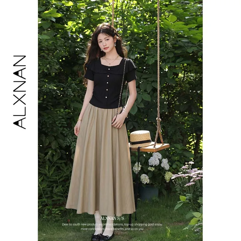 ALXNAN Women's High Waist Skirt Summer New  Khaki Lazy Relaxed Loose-fit Elegant Casual Midi Skirt Female Clothing L53812-2