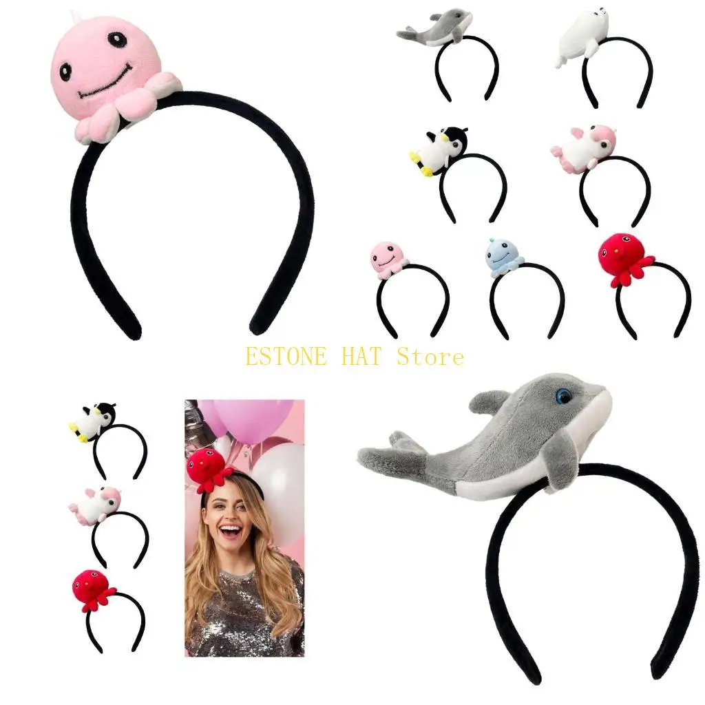 49MF Marine Theme Hairhoop Cartoon Plush Hairband Music Festival Gathering Headwear Lovely Face Washing Headband for Daily