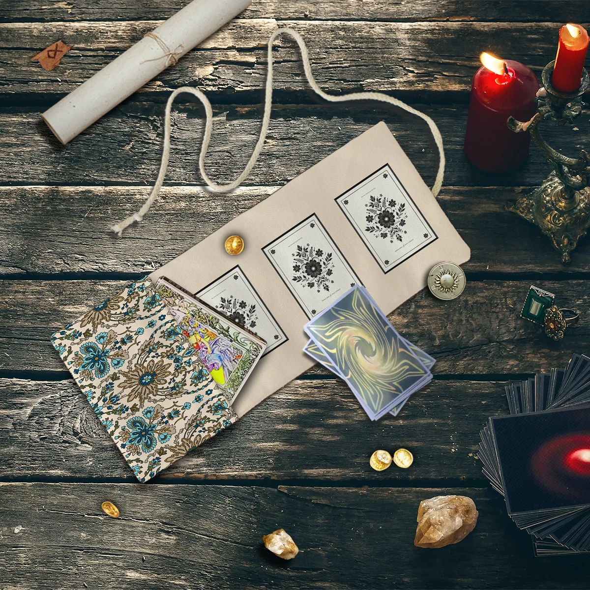 Vintage Floral Tarot Roll‑Up Pouch 3‑Card Layout Drawstring Tarot Card Storage Bag Divination Witch Tarot Reading Accessory