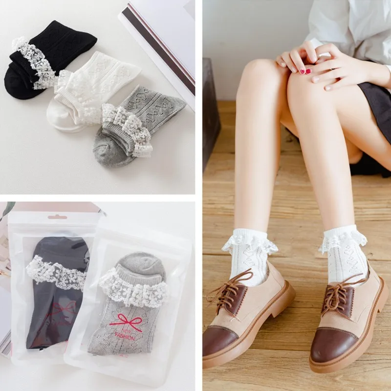 1/6 Paar Spitzen-Socken mit großer Spitze, süße Mädchen-Damen-Mid-Tube-Socken aus reiner Baumwolle, schweißabsorbierende und atmungsaktive Mädchensocken