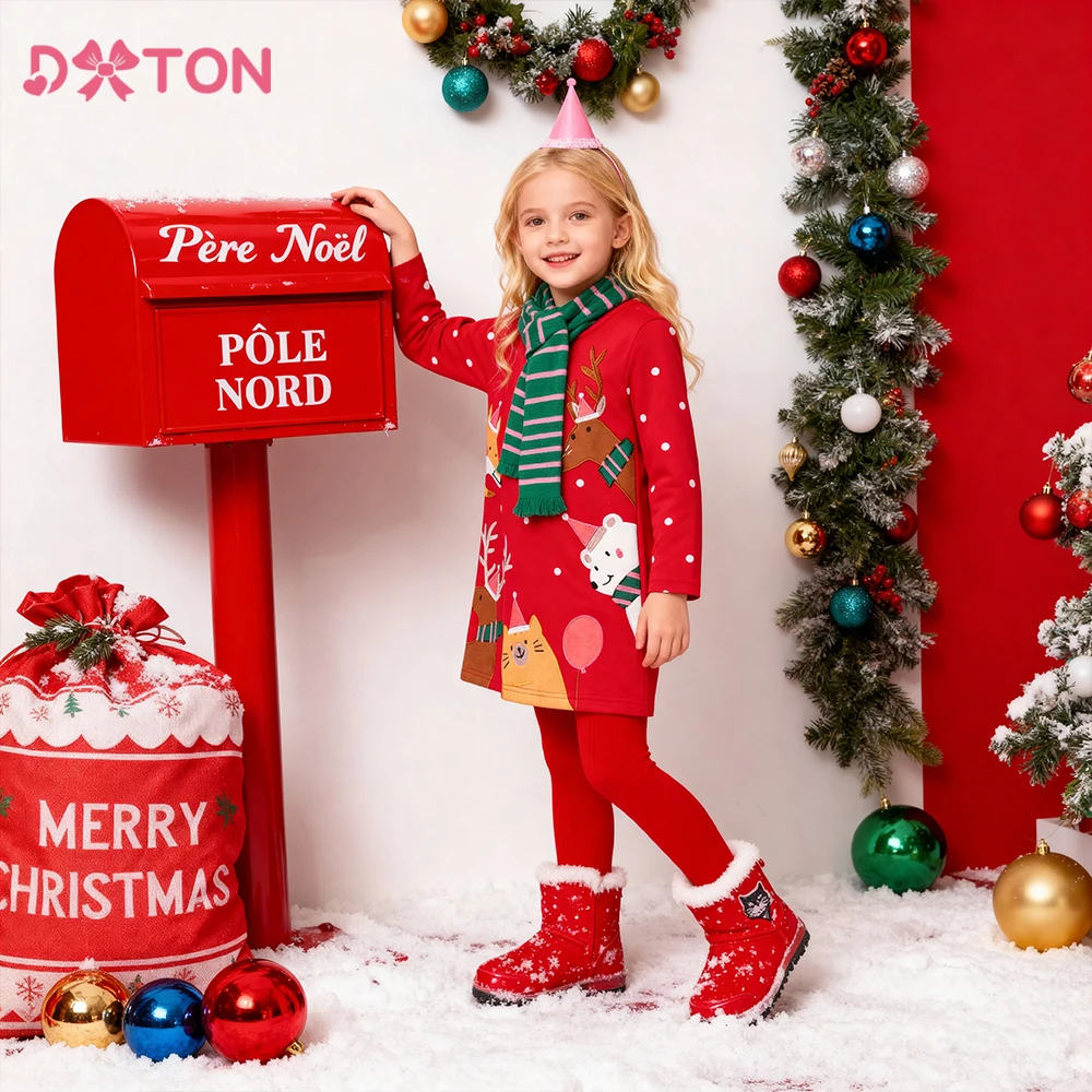 DXTON Children New Year Clothing Red Cotton Girls Dresses Santa Claus Elk Applique Toddler Xmas Dress Dot Kids Party Costumes