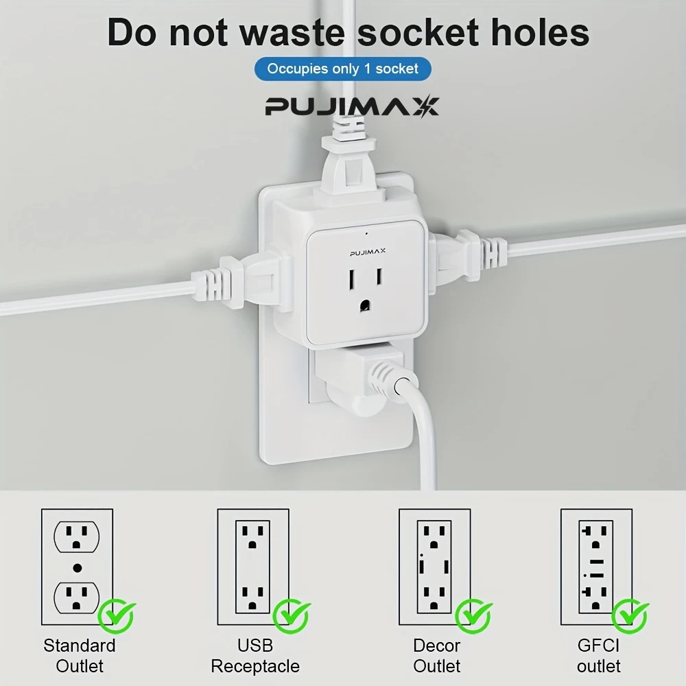 PUJIMAX 4pcs US Plug Adapter 5 Outlet US with 1PC 3 Prong+4PC 2 Prong Ports Charging Network Filter Adapter Sockets Electrical Outlet Splitter for Home Office