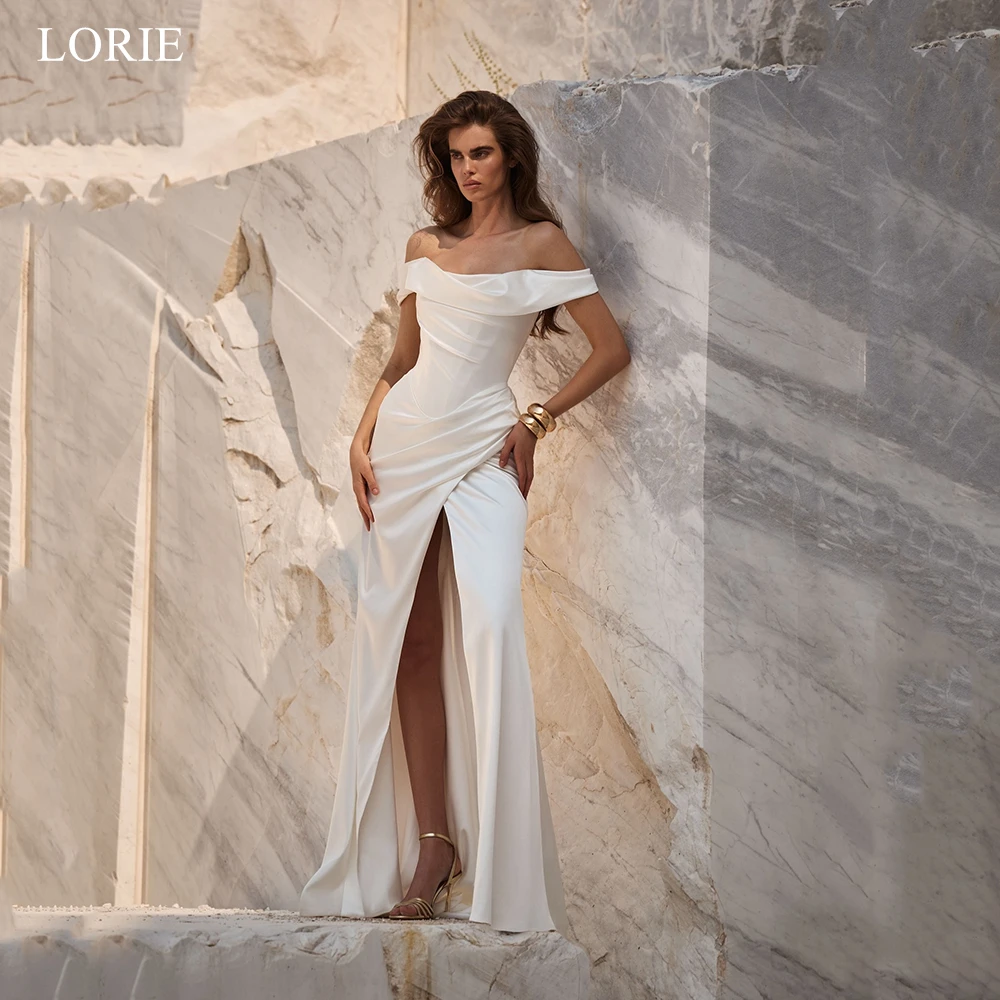 

LORIE Modern Satin Wedding Dresses Pleat Off The Shoulder Waist-Cinching Bridal Gown Sexy High Slit Mermaid Prom Gown Customized