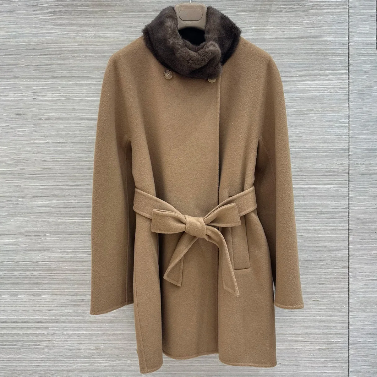 High Quality Women Mid Length Coat, Furry Collar Double Breasted With Belt Waist Tie Elegant Winter Outerwear lyt26107105