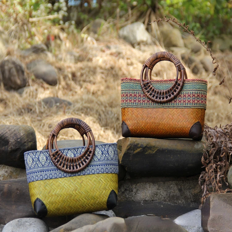 Summer Trendy Retro Handmade Bamboo Woven Handbag Environmental Protection Women\'s Woven Bag Beach Travel Bamboo Woven Handbag