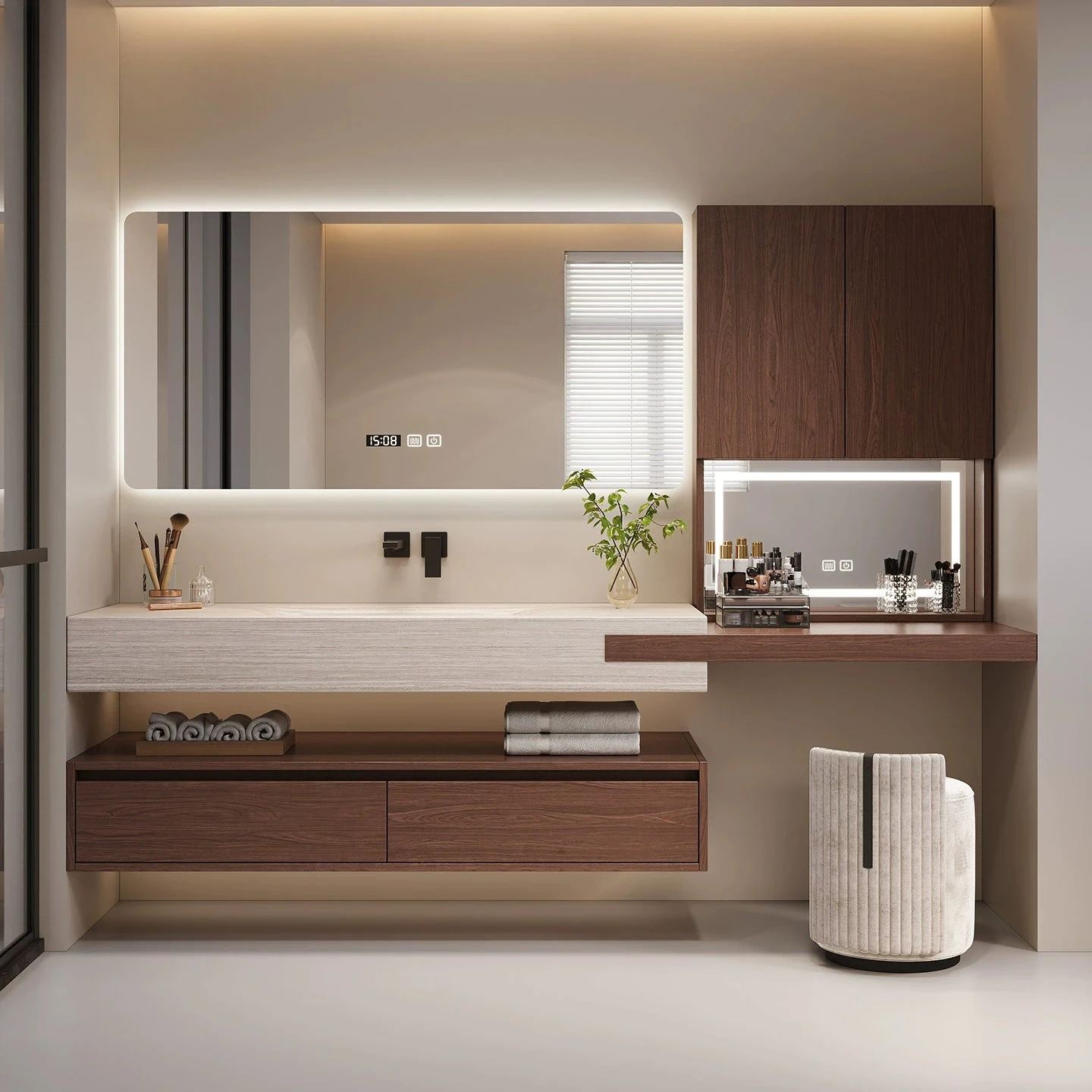 New Rock Slab Hot Bending Integrated Basin Hotel Wind Rubber Wood Walnut Split Vanity Bathroom Cabinet Customization