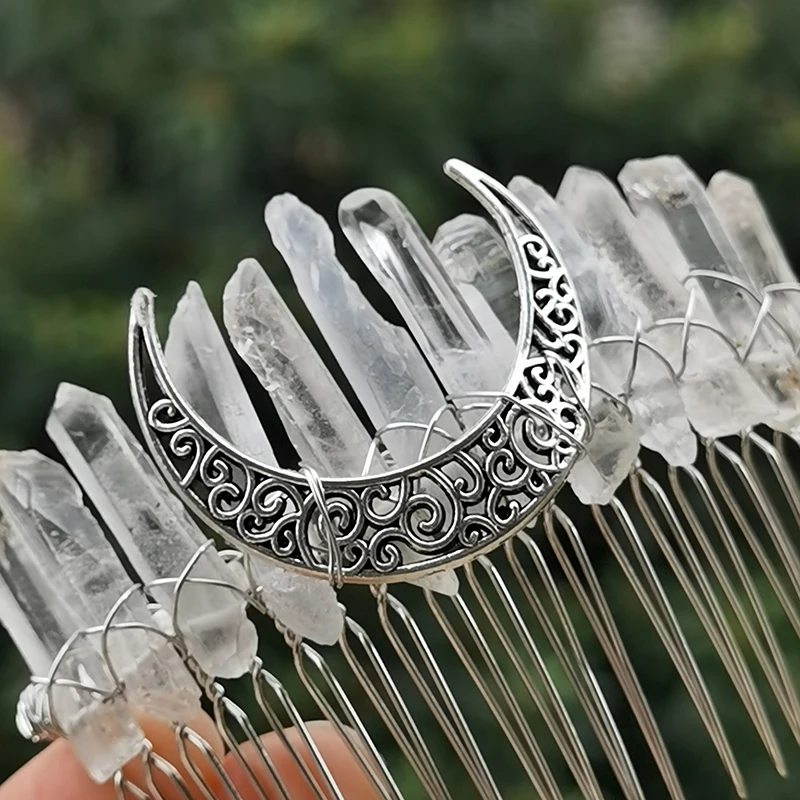 Natural Raw Crystal Quartz Viking Crown Witch Craft Hair Comb Moon Stone Tiara Pin Wedding Stones Woman Jewelry Accessories