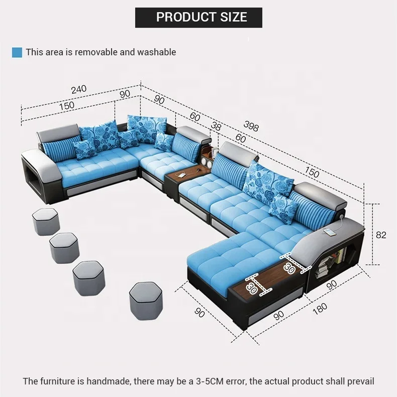 Nowa dostawa nowoczesna wielofunkcyjna regulowana w kształcie litery U 7-osobowa narożna tkanina Usb do ładowania Sofa dla meble do salonu