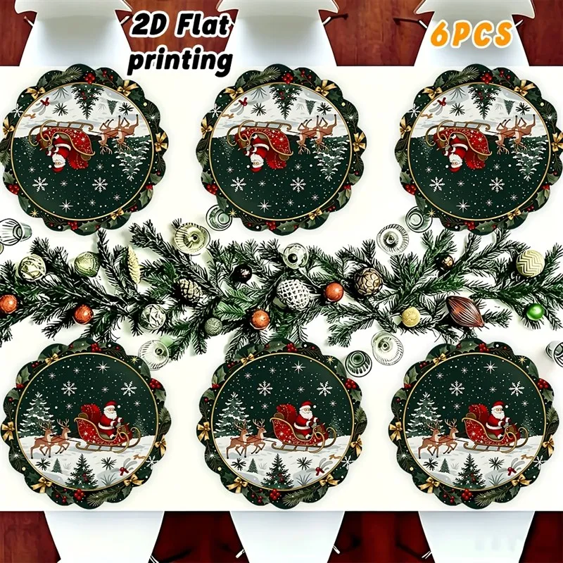 VIKAMA Linen Round Placemats, Santa Sleigh Reindeer, Scalloped Edge Stain Resistant Easy Clean, Holiday Dinner